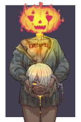 Rule 34 | 1girl, absurdres, black background, body writing, breasts, chinese commentary, commentary request, dark-skinned female, dark skin, decapitation, disembodied head, dullahan, ebonyxh, elden ring, fire, freckles, frills, glowing scar, hair over one eye, halloween, highres, holding detached head, long sleeves, looking at viewer, lord of the frenzied flame (elden ring), one eye covered, open mouth, pointy breasts, pumpkin, ringed eyes, scar, scar on neck, short hair, simple background, small breasts, solaria (ebonyxh), standing, tarnished (elden ring), teeth, tongue, white background, white hair, yellow eyes