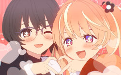 +_+ 2girls 3d bad_fanbox_id bad_id bad_source black_hair blender_(medium) blonde_hair blush bright_pupils cel_rendering cel_shading dot_nose flower glasses grey_hair hair_flower hair_ornament hand_up heart heart_hands heart_hands_duo long_sleeves looking_at_viewer medium_hair multicolored_eyes multicolored_hair multiple_girls one_eye_closed open_mouth orange_hair pink_eyes portrait purple_eyes red_background rin_(rinrinne) rinne_(rinrinne) rinrinne rinrinne39_(artist) semi-rimless_eyewear short_hair short_twintails siblings simple_background sisters smile streaked_hair twintails virtual_youtuber white_pupils