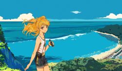Rule 34 | 1girl, aikatsu!, aikatsu! (series), beach, binoculars, black shorts, blonde hair, blue sky, bracelet, camera, cloud, commentary request, day, highres, holding, holding binoculars, holding camera, horizon, jewelry, ligne claire, long hair, looking at viewer, natsuki mikuru, ocean, open mouth, outdoors, red eyes, semham, shirt, shorts, sky, sleeveless, sleeveless shirt, smile, solo, standing, two side up, water, white shirt, wind