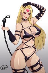 1girl bdsm black_sclera blonde_hair bondage_outfit breasts cleavage collar collarbone colored_sclera crotch_zipper dominatrix facial_mark forehead_mark gloves hair_ornament heart heart_o-ring heart_ring_top highres holding holding_whip kaijin_hime_do-s koa19mvd large_breasts long_hair looking_at_viewer navel o-ring one-punch_man panties smile solo spiked_collar spikes thighhighs underwear veins whip zipper_panties