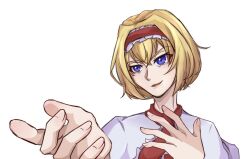 1girl alice_margatroid blonde_hair blue_eyes capelet commentary_request cookie_(touhou) fingernails frilled_hairband frills hairband hand_on_own_chest ichigo_(cookie) looking_afar nanariku neckerchief open_mouth reaching red_hairband red_neckerchief short_hair simple_background smile solo touhou upper_body white_background white_capelet