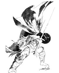 1boy armor boots cape coat commentary_request elden_ring elden_ring_nightreign full_body greyscale helmet highres holding holding_shield holding_sword holding_weapon male_focus miso_katsu monochrome pants pouch shield signature simple_background solo sword weapon white_background winged_helmet wylder_(elden_ring)