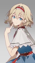 1girl alice_margatroid blonde_hair blue_dress blue_eyes capelet closed_mouth commentary dress frilled_hairband frills gradient_background grey_background hairband highres looking_at_viewer red_hairband red_sash sash smile solo split_mouth touhou waist_sash white_capelet wuliwuli909