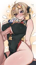 1boy 1girl absurdres adramallih ahoge bare_arms bare_shoulders black-framed_eyewear blonde_hair blush braid breasts breath china_dress chinese_clothes cleavage_cutout closed_mouth clothing_cutout commentary covered_erect_nipples covered_navel double_bun dress english_commentary eyes_visible_through_hair eyewear_on_head glint hair_between_eyes hair_bun hand_fan hand_up hetero highres holding holding_fan large_breasts looking_at_penis paizuri pelvic_curtain penis purple_eyes short_hair side_braid sitting sleeveless sleeveless_dress smile solo_focus sparkle steaming_body sweat sweety_(zenless_zone_zero) testicles thigh_strap tinted_eyewear uncensored yellow-tinted_eyewear zenless_zone_zero