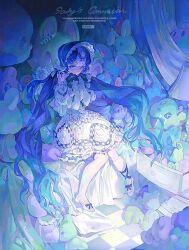 1girl blue_eyes blue_hair blue_theme bonnet bow dress english_text frilled_dress frills lolita_fashion long_hair long_sleeves looking_at_viewer original sitting solo souly stuffed_animal stuffed_toy twintails very_long_hair white_dress