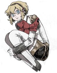 1girl aigis_(persona) armband blonde_hair blue_eyes bow bowtie commentary english_commentary fetal_position full_body headset hugging_own_legs joints kuropin looking_at_viewer mechanical_arms mechanical_legs persona persona_3 red_armband red_bow red_bowtie robot_joints short_hair simple_background solo white_background