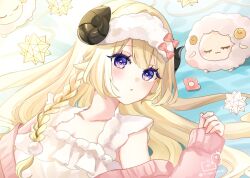 1girl :o animal_ears blonde_hair blush bow braid breasts cleavage collarbone commentary_request highres hololive horns jacket long_hair long_sleeves lying medium_breasts on_back open_clothes open_jacket parted_lips pink_bow pink_jacket purple_eyes rino_cnc sheep_ears sheep_girl sheep_horns sleeves_past_wrists solo tsunomaki_watame twitter_username upper_body virtual_youtuber