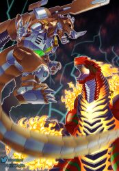Rule 34 | absurdres, armor, artist name, colored skin, cyborg, digimon, digimon (creature), digimon liberator, dinomon, dinosaur, fangs, godzilla (series), green eyes, highres, kaiju, monster, no humans, open mouth, parody, red armor, red scales, red skin, richard park, robot, rusttyranomon, scene reference, sharp teeth, shoulder cannon, simple background, teeth, tyrannosaurus rex