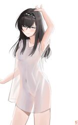 1girl arknights arm_up black_hair black_hairband blush breasts bright_pupils closed_mouth collarbone commentary cowboy_shot crossed_bangs english_commentary grey_eyes groin hair_between_eyes hairband highres kentangbasi98 long_shirt looking_at_viewer medium_breasts medium_hair naked_shirt navel priestess_(arknights) see-through_clothes see-through_shirt shirt short_sleeves simple_background solo standing white_background white_pupils white_shirt