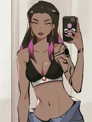 1girl animification arm_tattoo black_bra black_hair bra breasts cellphone cleavage collarbone colored_tips dark-skinned_female dark_skin earrings hair_behind_ear highres holding holding_phone hoop_earrings hyoon_(sockgyu) jewelry medium_breasts multicolored_hair navel parted_lips phone pink_eyes pink_hair reyna_(valorant) smartphone solo stomach tattoo underwear upper_body valorant