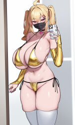 1girl bikini black_choker blonde_hair breasts bridal_gauntlets cellphone choker cleavage commentary_request covered_mouth gold_bikini golden_week golden_week_bikini hair_ornament heart heart_hair_ornament highres holding holding_phone huge_breasts kirome_(kamipaper) looking_at_viewer mask mouth_mask navel original phone red_eyes saaya_(kirome) side-tie_bikini_bottom skindentation smartphone solo standing swimsuit thighhighs thighs twintails underboob white_thighhighs
