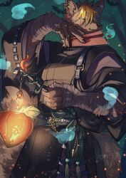 1boy aizawa_(nh_st) bandaged_arm bandages black_eyes blonde_hair body_fur brown_fur claws cowboy_shot ear_piercing forest furry furry_male green_background hand_up highres hitodama holding_ofuda japanese_clothes kariginu lantern looking_to_the_side male_focus nature original outdoors piercing short_hair solo standing tail wolf_boy