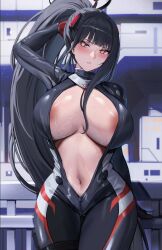 Rule 34 | 1girl, areola slip, arm behind head, black bodysuit, black hair, black halo, blue archive, blunt bangs, blush, bodysuit, breasts, bright pupils, commentary request, halo, hot, huge breasts, impossible bodysuit, impossible clothes, indoors, kuutamo, long hair, looking at viewer, multicolored halo, navel, official alternate costume, paid reward available, parted lips, ponytail, red eyes, rio (blue archive), rio (bodysuit) (blue archive), simple background, skin tight, solo, sweat, two-tone halo, unzipped, very long hair