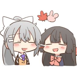2girls :d black_hair black_jacket blazer blush_stickers bow braid brown_cardigan cardigan chibi closed_eyes collared_shirt cropped_torso grey_hair hair_bow hair_ornament hairclip higuchi_kaede higuchi_kaede_(1st_costume) jacket long_hair multiple_girls necktie nijisanji open_clothes open_jacket open_mouth pink_bow ponytail purple_necktie rebecca_(keinelove) school_uniform shirt simple_background smile tsukino_mito tsukino_mito_(1st_costume) upper_body virtual_youtuber white_background white_bow white_shirt