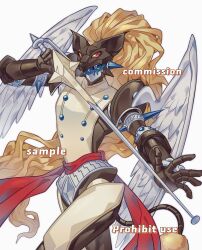 blonde_hair brown_armor commission confeito000_333 cowboy_shot digimon digimon_(creature) duftmon feathered_wings highres holding holding_sword holding_weapon knight long_hair sample_watermark simple_background sword watermark weapon white_background white_wings wings