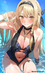 Rule 34 | 1girl, adjusting hair, atelier (series), atelier resleriana, atelier ryza, black hairband, black one-piece swimsuit, blonde hair, braid, breasts, cleavage, commentary request, green eyes, hair lift, hair spread out, hairband, half up braid, hand in own hair, highres, klaudia valentz, klaudia valentz (moonlit beach), large breasts, long hair, looking at viewer, navel, ocean, official art, one-piece swimsuit, outdoors, parted lips, sitting, smile, solo, swimsuit, thigh strap, very long hair, wet, yuyu (yuyuworks)