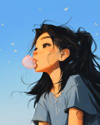 1girl bird black_hair blowing_bubble_gum blue_background blue_shirt blue_sky brown_eyes chewing_gum earrings from_below hair_flowing_over high_ponytail highres hoop_earrings jewelry long_hair messy_hair original ponytail sam_yang shirt shoulder_tattoo silver_necklace simple_background sky solo sparkling_eyes stud_earrings t-shirt tattoo upper_body