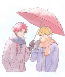 Rule 34 | 2boys, ahoge, alternate costume, black gloves, black scarf, black shirt, blonde hair, blue jacket, blush, braid, braided ponytail, brown coat, brown gloves, coat, cropped torso, earmuffs, english text, ese000 0, gloves, highres, holding, holding umbrella, jacket, long hair, long sleeves, looking at another, male focus, mittens, multiple boys, nose blush, orange scarf, red hair, red umbrella, scarf, shared umbrella, shiguang dailiren, shirt, short hair, simple background, single braid, smile, umbrella, upper body, watermark, white background, winter clothes, xia fei, xiao weiying, yaoi, yellow eyes