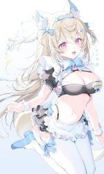 Rule 34 | 1girl, absurdres, animal ear fluff, animal ears, black tube top, blonde hair, blue hair, breasts, cleavage, dog ears, dog girl, fuwawa abyssgard, highres, hololive, hololive english, kio is here, large breasts, long hair, multicolored hair, navel, pink eyes, simple background, solo, strapless, streaked hair, thighhighs, tube top, two-tone hair, two side up, virtual youtuber, white background, white thighhighs