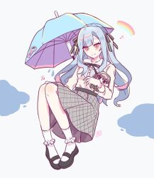 Rule 34 | 1girl, animal sticker, ankle socks, bandaid, bandaid on object, bang dream!, bang dream! it&#039;s mygo!!!!!, beamed sixteenth notes, black ribbon, black shoes, blue hair, blue umbrella, blush, center-flap bangs, character doll, closed mouth, collared shirt, dot nose, eighth note, floating, floating object, frilled socks, frills, green skirt, grey hair, grey skirt, hair ribbon, haneoka school uniform, hashtag-only commentary, hugging doll, hugging object, knee blush, knees up, long hair, long sidelocks, long sleeves, looking down, mary janes, medium skirt, musical note, neck ribbon, nyabu 1004, penguin print, pigeon-toed, plaid clothes, plaid skirt, puddle, puffy long sleeves, puffy sleeves, rainbow, ribbon, school uniform, shirt, shoes, short hair, side ponytail, sidelocks, signature, simple background, skirt, smile, socks, solo, striped ribbon, takamatsu tomori, three quarter view, togawa sakiko, two side up, umbrella, water drop, white background, white shirt, white socks, yellow eyes