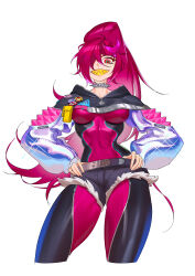 1girl absurdres aierlaobo black_capelet bodysuit bodysuit_under_clothes breasts capelet collar commentary contrapposto covered_navel cowboy_shot english_commentary glint green_eyes hair_over_one_eye hands_on_own_hips highres impossible_bodysuit impossible_clothes long_hair medium_breasts multicolored_eyes narrow_waist original pink_hair pouch red_eyes sharp_teeth short_shorts shorts solo spiked_collar spikes teeth two-tone_eyes very_long_hair yellow_teeth