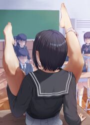 Rule 34 | 2boys, 4girls, absurdres, arm support, bare legs, barefoot, black hair, black necktie, black serafuku, black shirt, blazer, bottomless, chair, chalkboard, classroom, day, desk, exhibitionism, faceless, faceless female, faceless male, feet, feet up, female pervert, from behind, grey skirt, highres, indoors, jacket, kneehighs, legs up, locker, long hair, long sleeves, multiple boys, multiple girls, neckerchief, necktie, on desk, onlookers, open mouth, original, panties, panties around leg, pervert, pleated skirt, public indecency, red neckerchief, sailor collar, school, school chair, school desk, school uniform, serafuku, shirt, shoes, short hair, sidelocks, sitting, skirt, socks, solo focus, surprised, toes, umidariku, underwear, uwabaki, white panties, white shirt
