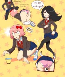 2girls asuka2004 black_hair cameltoe crotch_kick cunt_punt doki_doki_literature_club female_pervert femdom groin_attack groin_kick highres kuroki_tomoko multiple_girls pain panties pervert pink_hair sayori_(doki_doki_literature_club) taco underwear watashi_ga_motenai_no_wa_dou_kangaetemo_omaera_ga_warui!