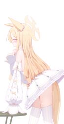 1girl absurdres animal_ear_fluff animal_ears bare_shoulders bent_over blonde_hair blue_archive blush closed_mouth commentary detached_sleeves dress flower fox_ears fox_girl fox_tail from_side hair_flower hair_ornament highres long_hair looking_at_viewer mobchara_p no_panties pink_eyes seia_(blue_archive) short_dress sidelocks single_sleeve_past_fingers solo striped_clothes striped_thighhighs tail thighhighs vertical-striped_clothes vertical-striped_thighhighs white_dress white_flower white_thighhighs