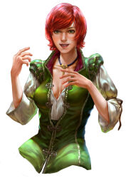 1girl absurdres breasts cleavage green_eyes green_jacket highres jacket jess_reinhardt jewelry medium_breasts necklace shani_(the_witcher) shirt short_hair simple_background sleeveless sleeveless_jacket solo the_witcher_(series) the_witcher_3 white_background white_shirt