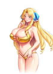 1girl akagi_rio bikini blonde_hair blush breasts cleavage drill_hair fate_(series) hair_ribbon huge_breasts jewelry laurecia_le_blanchette long_hair look-alike luviagelita_edelfelt mature_female milk_factory motto!_haramase!_honoo_no_oppai_isekai_oppai_maid_gakuen! navel official_art open_mouth parody ribbon ring ringlets skindentation swimsuit transparent_background wedding_band yellow_eyes