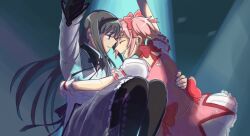 2girls akemi_homura akemi_homura_(magical_girl) black_hair black_hairband black_pantyhose blush bow closed_eyes closed_mouth clothing_cutout commentary dress english_commentary gloves grey_skirt hair_bow hairband hand_on_another&#039;s_waist heart_cutout highres kaname_madoka kaname_madoka_(magical_girl) long_hair looking_at_another mahou_shoujo_madoka_magica mahou_shoujo_madoka_magica_(anime) multiple_girls pantyhose parted_lips pink_bow pink_dress pink_hair rawonireng short_sleeves short_twintails skirt smile twintails white_dress white_gloves yuri