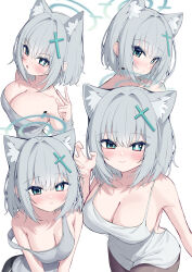 1girl :&lt; alternate_costume animal_ear_fluff animal_ears aqua_eyes bare_arms bare_shoulders blue_archive blush breasts claw_pose cleavage closed_mouth cross_hair_ornament grey_hair hair_between_eyes hair_ornament highres large_breasts looking_at_viewer medium_breasts medium_hair metaljelly open_mouth shiroko_(blue_archive) sidelocks smile solo v wolf_ears wolf_girl