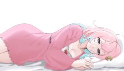 1girl airani_iofifteen alternate_costume bed_sheet blue_hair breasts cleavage closed_mouth commentary english_commentary gradient_hair hair_ornament highres hololive hololive_indonesia interlocked_fingers long_hair looking_at_viewer lying medium_breasts multicolored_hair on_side own_hands_clasped own_hands_together pajamas palette_hair_ornament pillow pink_hair pink_pajamas purple_eyes smile solo virtual_youtuber zikade