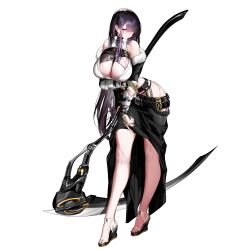 1girl bare_legs belt black_belt black_collar black_dress black_sandals black_skirt breasts bridal_gauntlets chest_harness cleavage cleavage_cutout clothing_cutout collar contrapposto dress feet full_body fur-trimmed_dress fur_trim game_cg girls&#039;_frontline girls&#039;_frontline_neural_cloud hand_on_headwear harness high_heels highres hip_vent holding holding_scythe huge_breasts leaning_forward legs light_blush long_hair nail_polish off-shoulder_dress off_shoulder official_art purple_eyes purple_hair purple_nails sandals sangoma_(neural_cloud) scythe simple_background skirt smile solo standing strappy_heels tachi-e third-party_source toenail_polish toenails toes very_long_hair white_background wide_brim wide_hips xiaoluo_xl