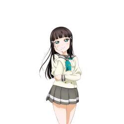Rule 34 | 1girl, anime coloring, aqua neckerchief, black hair, blunt bangs, blush, buttons, closed mouth, cowboy shot, double-breasted, green eyes, grey sailor collar, grey skirt, hair ornament, hairclip, hand on own cheek, hand on own elbow, hand on own face, hand up, kurosawa dia, long hair, long sleeves, looking at viewer, love live!, love live! school idol festival, love live! sunshine!!, miniskirt, mole, mole under mouth, neckerchief, official art, pleated skirt, sailor collar, school uniform, serafuku, shirt, skirt, smile, solo, standing, tie clip, transparent background, uranohoshi school uniform, white shirt, winter uniform