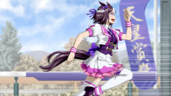 1girl :d afterimage animal_ears bow collared_shirt ear_bow frilled_skirt frills from_side hair_ribbon highres horse_ears horse_girl horse_racing_track horse_tail jacket kitsutsuki_(dzgu4744) multicolored_hair neck_ribbon open_mouth puffy_short_sleeves puffy_sleeves purple_bow purple_eyes purple_hair purple_ribbon ribbon running shirt short_hair short_sleeves skirt smile solo special_week_(umamusume) tail textless_version thighhighs two-legged_horse_(kanji) two-tone_hair two-tone_skirt umamusume variant_set white_hair white_jacket white_shirt white_skirt white_thighhighs