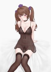 Rule 34 | 1girl, absurdres, babydoll, black babydoll, black choker, black thighhighs, blush, bow, breasts, brown eyes, brown hair, brown pubic hair, choker, closed mouth, crotchless, crotchless panties, feet out of frame, female pubic hair, hair bow, hair intakes, hat, highres, himekaidou hatate, large breasts, large variant set, long hair, looking at viewer, navel, ni (221), panties, pearl thong, pointy ears, pubic hair, purple bow, purple hat, see-through clothes, see-through legwear, simple background, sitting, solo, thighhighs, tokin hat, touhou, twintails, underwear, variant set, white background, white panties