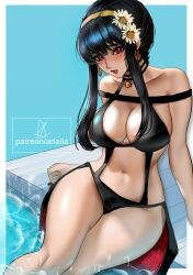 Rule 34 | 1girl, absurdres, arialla draws, bikini, black bikini, black hair, breasts, cleavage, flower, hair flower, hair ornament, highres, large breasts, looking at viewer, navel, parted bangs, red eyes, revealing clothes, simple background, sitting, solo, spy x family, swimsuit, thighs, water, yor briar