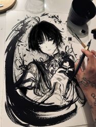 Rule 34 | 1boy, alticute, antenna hair, art tools in frame, artist&#039;s hand in frame, artist name, bodysuit, calligraphy brush (medium), cropped torso, genshin impact, greyscale, hand up, highres, holding own arm, japanese clothes, kimono, looking at viewer, male focus, mandarin collar, monochrome, open clothes, open kimono, parted lips, photo (medium), scaramouche (genshin impact), short hair, short sleeves, sketch, solo, tearing up, traditional media, upper body