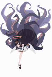 1girl ao-chan_(ninomae_ina&#039;nis) asymmetrical_legwear black_shoes blunt_ends book center-flap_bangs feathered_wings floating_hair foot_up hair_ornament halo highres holding holding_book hololive hololive_english long_hair low_wings ninomae_ina&#039;nis ninomae_ina&#039;nis_(1st_costume) okobo platform_sandals pointy_ears purple_hair sandals shoes simple_background single_sleeve single_thighhigh solo tentacle_hair tentacles thighhighs traditional_halo very_long_hair virtual_youtuber wesly2300 white_background white_sleeves white_thighhighs white_wings wings