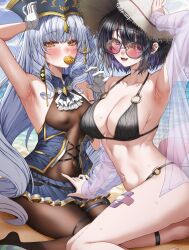 2girls arm_up armpits bare_shoulders bikini black_bikini black_hair black_skirt bodystocking breasts cleavage covered_erect_nipples gold_trim halterneck hat highres large_breasts long_hair looking_at_viewer miniskirt multiple_girls navel nompang o-ring o-ring_bikini o-ring_top original pirate_hat pleated_skirt round_eyewear short_hair skirt stomach string_bikini sunglasses swimsuit thigh_strap thighs underbust very_long_hair white_hair yellow_eyes