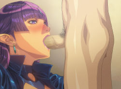 1girl blunt_bangs blush censored circlet clothed_female_nude_male earrings fellatio from_side head highres homare_(fool&#039;s_art) jacket jewelry legs light_blush lipstick long_hair looking_at_another makeup male_pubic_hair matching_hair/eyes mosaic_censoring nose_blush nostrils nude oral original penis pink_lips pointy_ears pubic_hair purple_eyes purple_hair simple_background standing thighs upper_body