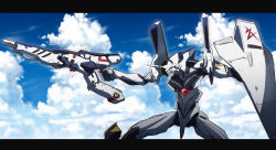 aiming char&#039;s_counterattack cloud eva_01 fujitaka_nasu fusion green_eyes gun gundam highres holding holding_gun holding_shield holding_weapon horns letterboxed mecha mecha_focus neon_genesis_evangelion no_humans nu_gundam robot science_fiction shield single_horn sky solo weapon