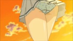 1boy 1girl :d ^_^ ass ass_focus bag bakadere bare_legs black_socks blush closed_eyes clothes_lift green_hair hair_ornament holding holding_bag kenkou_zenrakei_suieibu_umishou legs medium_hair ninagawa_amuro open_mouth panties panty_focus pantyshot polka_dot polka_dot_panties public_indecency school_bag shoes skirt skirt_lift smile socks sunset underwear x_hair_ornament
