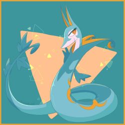 alternate_color animal_focus aqua_background aqua_theme artist_name border bright_pupils closed_mouth full_body gen_5_pokemon happy highres lemonade_kokoi looking_to_the_side nintendo no_humans orange_eyes pokemon pokemon_(creature) serperior shiny_pokemon signature smile triangle twitter_username two-tone_background white_pupils yellow_border