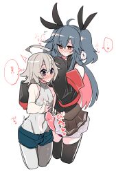 2boys ahoge androgynous animal_ears blue_hair blush condom cropped_legs grey_hair haoro height_difference highres male_focus miniskirt multiple_animal_ears multiple_boys original rabbit_ears short_hair simple_background skirt twintails two_side_up white_background