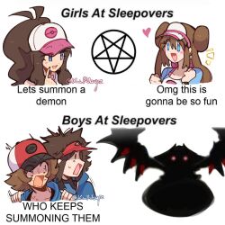 2boys 2girls :d arms_up baseball_cap big_hair blue_eyes clenched_hand commentary creatures_(company) double_bun donut_hair_bun english_commentary english_text game_freak gen_4_pokemon giratina hair_bun hat heart highres hilbert_(pokemon) hilda_(pokemon) kairubyz legendary_pokemon long_hair looking_at_another meme meme_request multiple_boys multiple_girls nate_(pokemon) nintendo notice_lines official_art_inset open_mouth pink_hat poke_ball_print pokemon pokemon_(creature) pokemon_bw pokemon_bw2 ponytail print_hat rosa_(pokemon) scared short_hair smile v-shaped_eyebrows visor_cap white_hat