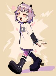 Rule 34 | 1girl, bead bracelet, beads, black boots, boots, bracelet, creepygatos, hair ornament, hairclip, highres, horns, idol, idolmaster, idolmaster cinderella girls, jewelry, koshimizu sachiko, long shirt, long sleeves, nail polish, purple hair, shirt, skirt, spiked bracelet, spikes, star (symbol), striped clothes, striped thighhighs, thighhighs, watermark, yellow eyes