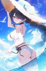 Rule 34 | 1girl, absurdres, ass, black hair, blue archive, blue sky, blurry, bokeh, breasts, brown hat, commentary, day, depth of field, flower, hair over one eye, halo, hat, hat flower, highres, hinata (blue archive), hinata (swimsuit) (blue archive), kinsuke z, large breasts, long hair, looking at viewer, low-braided long hair, low-tied long hair, ocean, one-piece swimsuit, partially underwater shot, sky, solo, straw hat, swimsuit, symbol-only commentary, thighs, water, white flower, white one-piece swimsuit
