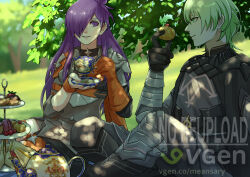 armor black_armor cup fire_emblem fire_emblem:_three_houses fire_emblem_warriors:_three_hopes green_eyes green_hair highres holding holding_cup meansary nintendo picnic purple_eyes purple_hair scone tea teacup teapot